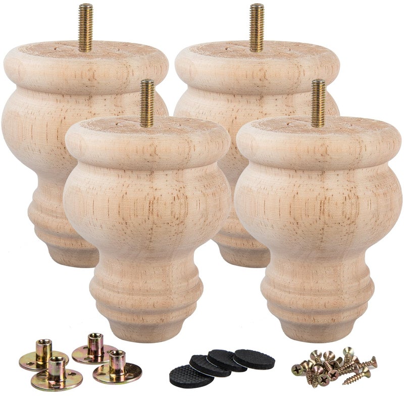 La Vane 3 inch / 8cm Unfinished Wooden Furniture Legs, 4PCS Soild Wood Turned Spindle Replacement Bun Feet with Pre-Drilled M8 Inch Bolt & Mounting Plate for Sofa Couch Chair Ottoman - Image 1